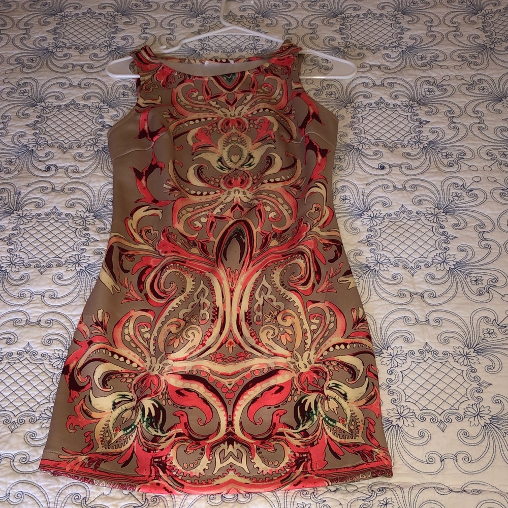 Elegant Red and Tan Patterned Mini Dress